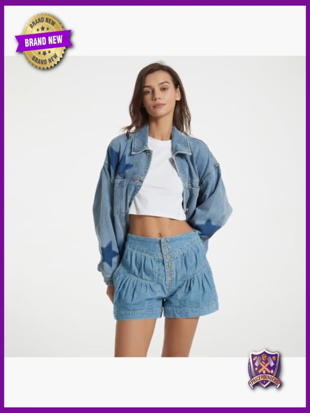 Oversized Boyfriend Denim Jacket with Leopard Stars Print - Picture 2 of 7